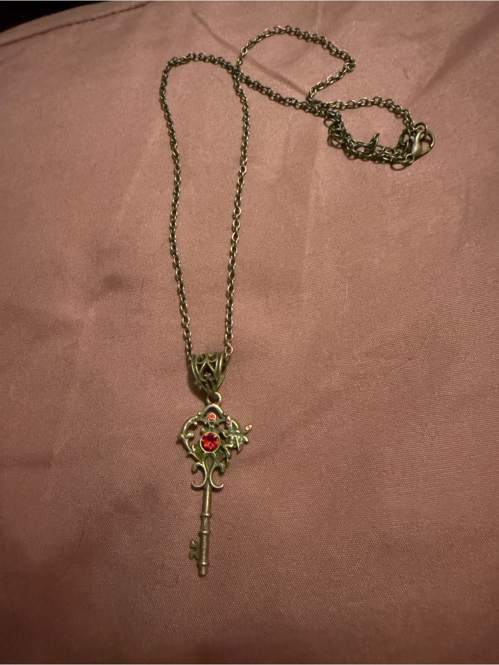 Vintage-Inspired Key Pendant Necklace with Red Crystal